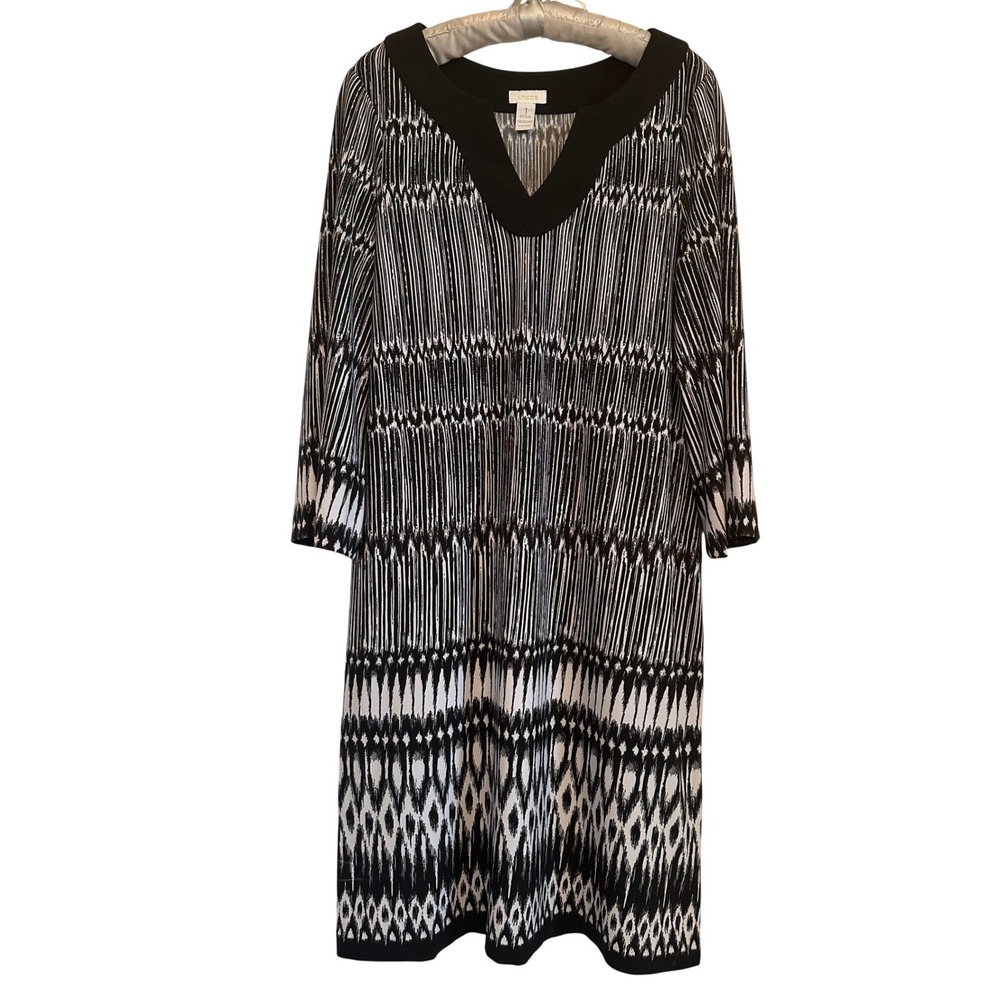 Chicos Black‎ White Geometric Ikat Print V-Neck Shift Dress Size 1 (Medium/8)